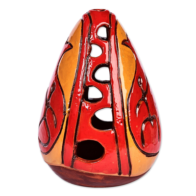 Ceramic candleholder, 'Pomegranate Light' - Hand-Painted Pomegranate-Themed Ceramic Candleholder