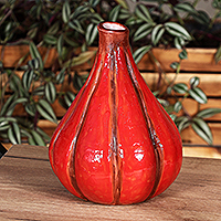 Jarrón de cerámica, 'Pumpkin Days' - Jarrón de cerámica con forma de calabaza en tonos cálidos pintado a mano