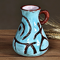 Jarrón de cerámica, 'Estilo Ancestral' - Jarrón de cerámica turquesa y marrón con pictografías antiguas