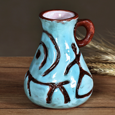 Jarrón de ceramica - Jarrón de cerámica turquesa y marrón con pictografías antiguas