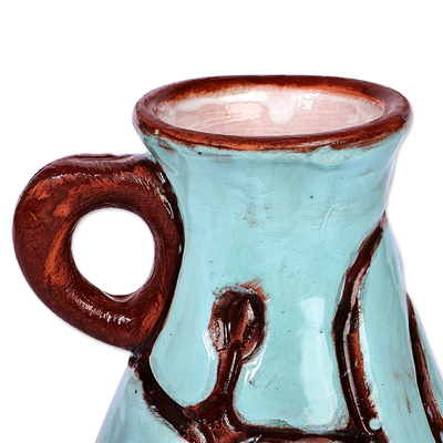 Ceramic vase, 'Ancestral Style' - Turquoise and Brown Ceramic Vase with Ancient Pictographs