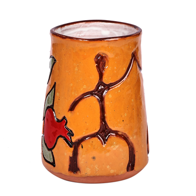 Jarrón de ceramica - Jarrón de cerámica floral en tonos cálidos con pictografías antiguas