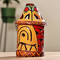 Keramik-Kerzenhalter, „Joyous Beacon“ – handgefertigter traditioneller gelber und roter Keramik-Kerzenhalter
