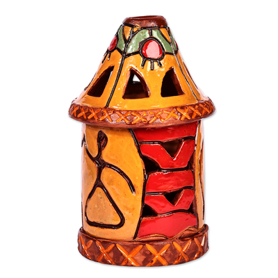 Ceramic candleholder, 'Joyous Beacon' - Handcrafted Traditional Yellow and Red Ceramic Candleholder