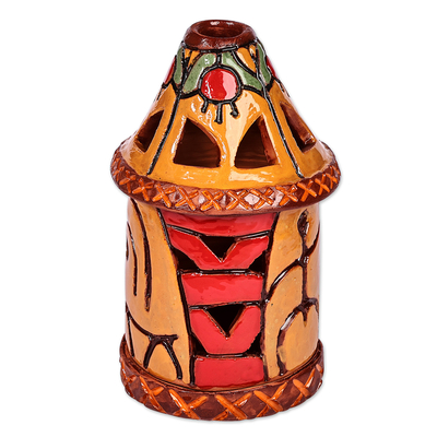 Ceramic candleholder, 'Joyous Beacon' - Handcrafted Traditional Yellow and Red Ceramic Candleholder