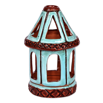 Ceramic candleholder, 'Serene Beacon' - Handcrafted Traditional Blue and Brown Ceramic Candleholder