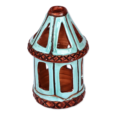 Ceramic candleholder, 'Serene Beacon' - Handcrafted Traditional Blue and Brown Ceramic Candleholder