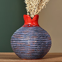 Ceramic decorative vase, 'Bewitched Passion' - Handcrafted Pomegranate-Shaped Blue Ceramic Decorative Vase