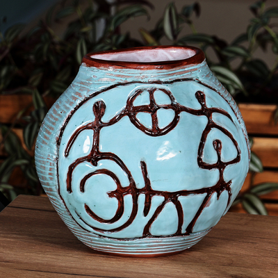 Ceramic vase, 'Ancestral World' - Round Turquoise Ceramic Vase with Ancient Pictographs