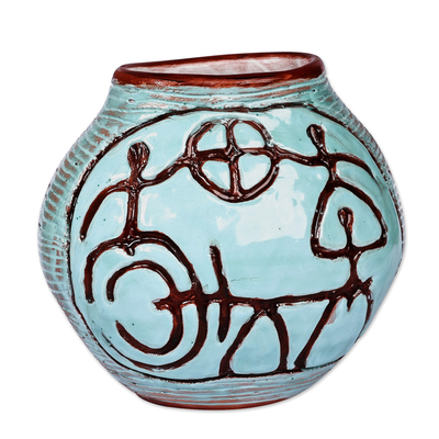 Jarrón de ceramica - Jarrón redondo de cerámica turquesa con pictografías antiguas