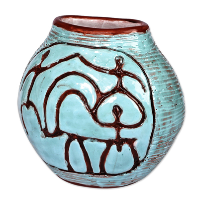 Ceramic vase, 'Ancestral World' - Round Turquoise Ceramic Vase with Ancient Pictographs