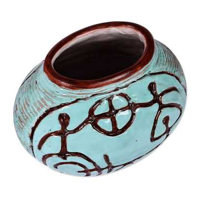 Jarrón de ceramica - Jarrón redondo de cerámica turquesa con pictografías antiguas