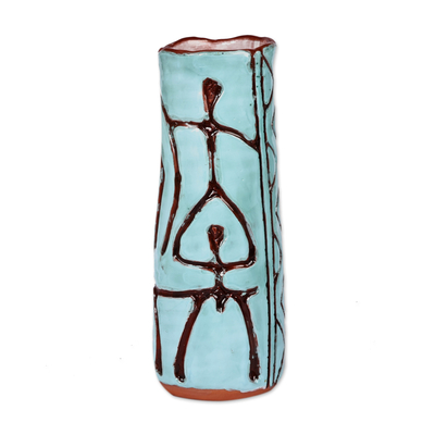 Ceramic vase, 'Ancestral Pillar' - Tall Turquoise Ceramic Vase with Ancient Pictographs