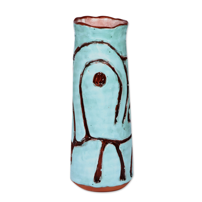 Jarrón de ceramica - Jarrón alto de cerámica turquesa con pictografías antiguas