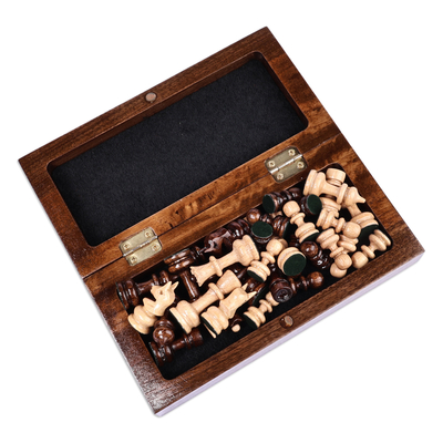 Wood mini chess set, 'Checkmate Conquest' - Wood Mini Chess Game Set Hand Carved in Armenia