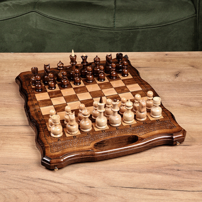 Wood board game set, 'Double the Excitement' - Armenian Handcrafted Wood Chess & Backgammon Board Game Set