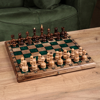 Wood and resin board game set, 'Double the Enjoyment' - Handcrafted Wood and Resin Chess & Backgammon Board Game Set