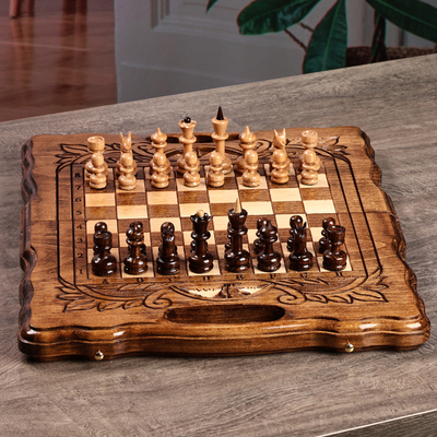 Wood board game set, 'Double the Happiness' - Handmade Beechwood Chess and Backgammon Board Game Set