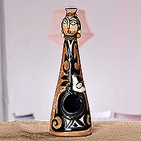 Salero de cerámica, 'Condimento armenio' - Mujer pintada a mano con soporte para condimentos de cerámica de paloma