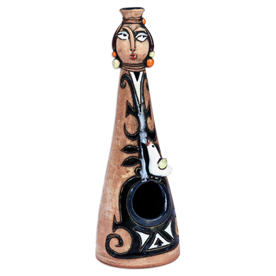 Ceramic salt cellar, 'Armenian Relish' - Hand-Painted Woman with Pigeon Ceramic Condiment Holder