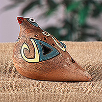 Keramik-Okarina, „Heaven's Shvi Bird“ – handbemalte vogelförmige Keramik-Okarina in Blaugrün und Gelb