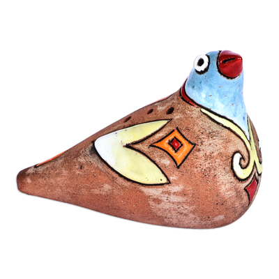 Ceramic ocarina, 'Eden's Shvi Bird' - Hand-Painted Bird-Shaped Ceramic Ocarina in Blue and Yellow