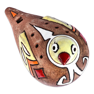 Ceramic ocarina, 'Kingdom's Shvi Bird' - Hand-Painted Bird-Shaped Ceramic Ocarina in Warm Hues