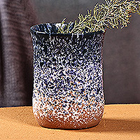 Jarrón de ceramica - Jarrón semicilíndrico de cerámica azul y marrón moderno hecho a mano