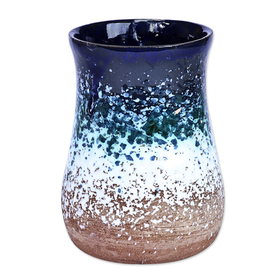 Ceramic vase, 'Blue Perception' - Handcrafted Modern Blue and Brown Ceramic Bouquet Vase