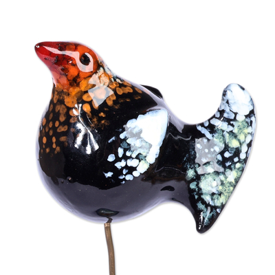 Ceramic photo holder, 'Harmonious Memories' - Hand-Painted Bird-Themed Ceramic Photo Holder in Dark Hues