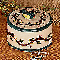 Ceramic jewellery box, 'Feathered Friend' - Hand-Painted Glazed Ceramic jewellery Box with Bird Accent