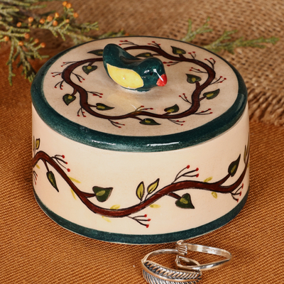 Joyero de cerámica - Joyero de cerámica vidriada pintado a mano con detalle de pájaro