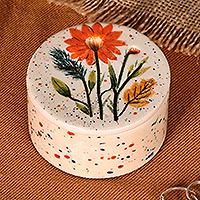 Ceramic jewellery box, 'Garden and Dots' - Hand-Painted Ceramic jewellery Box with Floral & Leaf Motif