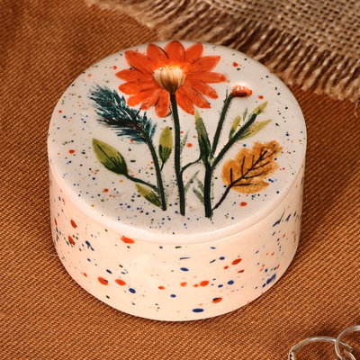 Ceramic jewelry box, 'Garden and Dots' - Hand-Painted Ceramic Jewelry Box with Floral & Leaf Motif