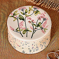 Ceramic jewellery box, 'Flowers and Dots' - Hand-Painted Glazed Ceramic jewellery Box with Floral Motif