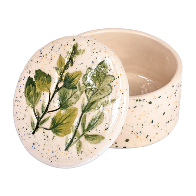 Joyero de cerámica - Joyero de cerámica esmaltada pintado a mano con motivo de hojas