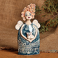 Ceramic sculpture, 'Angel with Cat' - Handcrafted & Painted Angel and Cat Glazed Ceramic Sculpture