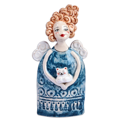 Keramikskulptur - Handgefertigte und bemalte Engel- und Katzenskulptur aus glasierter Keramik