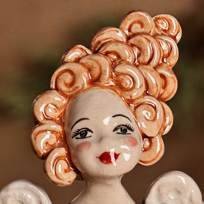 Ceramic sculpture, 'Angel with Cat' - Handcrafted & Painted Angel and Cat Glazed Ceramic Sculpture