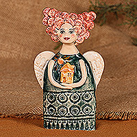 Ceramic sculpture, 'Angel with Grapefruit Hair' - Handcrafted & Painted Angel-Themed Glazed Ceramic Sculpture