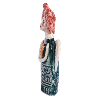 Ceramic sculpture, 'Angel with Grapefruit Hair' - Handcrafted & Painted Angel-Themed Glazed Ceramic Sculpture