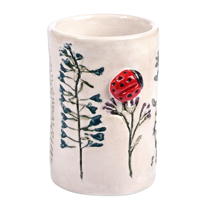 Jarrón de ceramica - Jarrón de cerámica esmaltada con mariquita y motivo floral pintados a mano