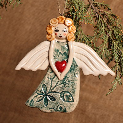 Adorno de cerámica - Adorno de ángel y corazón de cerámica esmaltada pintada a mano