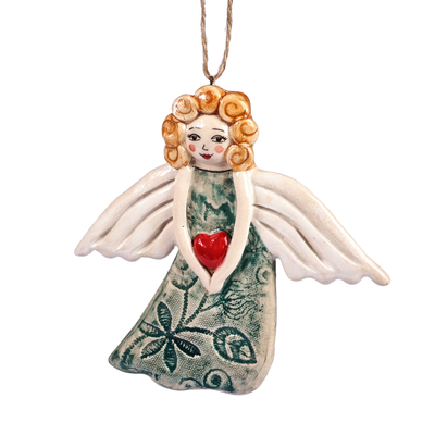 Ceramic ornament, 'Heart-Warming Angel' - Hand-Painted Glazed Ceramic Angel and Heart Ornament