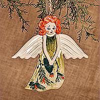 Adorno de cerámica, 'Ángel del jardín' - Ángel con vestido floral Adorno de cerámica vidriada pintado a mano