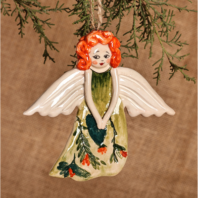 Ceramic ornament, 'Garden Angel' - Angel with Floral Dress Hand-Painted Glazed Ceramic Ornament