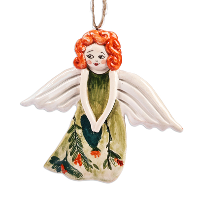 Ceramic ornament, 'Garden Angel' - Angel with Floral Dress Hand-Painted Glazed Ceramic Ornament