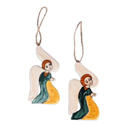 Ceramic ornaments, 'Devotional Angels' (pair) - 2 Hand-Painted Glazed Ceramic Angel Ornaments from Armenia