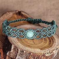 Jade macrame pendant bracelet, 'Stylish Aqua' - Handmade Aqua Macrame Wristband Bracelet with Jade Pendant