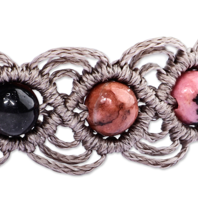 Rhodonite beaded macrame bracelet, 'Graceful Orbs' - Rhodonite Beaded Macrame Bracelet Handmade in Armenia